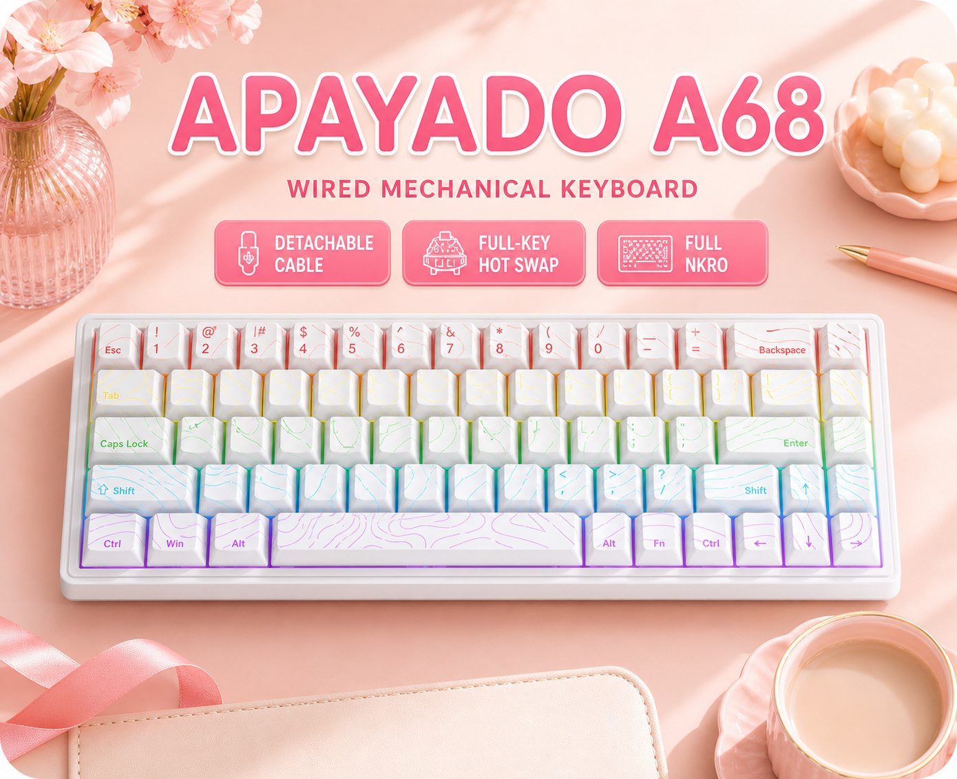 Anti-Ghosting Keyboard - APAYADO A68 Wired Mechanical Keyboard Hot‑Swappable